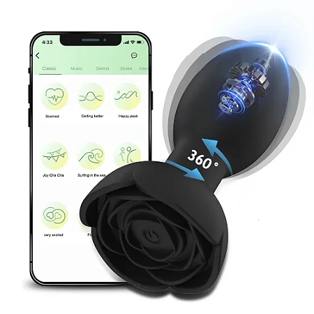 Black Rose Butt Plug - Plug anal recarregável giratória com vibração com controle via aplicativo - cor preta