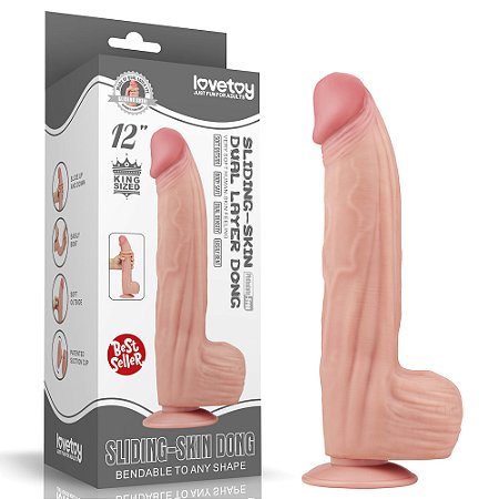 LOVETOY SLIDING SKIN 12.0'' - PRÓTESE REALÍSTICA BELISCÁVEL COM GLANDE DEFINIDA, VÉRTEBRA, VEIAS SUAVES, ESCROTO E VENTOSA - 31 X 6,2 CM - COR BEGE