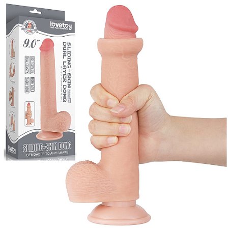 LOVETOY SLIDING SKIN 9.0'' - PRÓTESE REALÍSTICA BELISCÁVEL COM GLANDE DEFINIDA, VÉRTEBRA, VEIAS SUAVES, ESCROTO E VENTOSA - 22 X 3,7 CM - COR BEGE