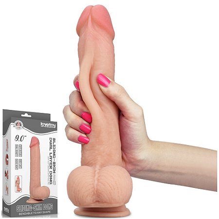 LOVETOY SLIDING SKIN 9.0'' - PRÓTESE REALÍSTICA VERTEBRADA BELISCÁVEL COM GLANDE DEFINIDA, VEIAS SUAVES, ESCROTO E VENTOSA - 23 X 4,2 CM - COR BEGE