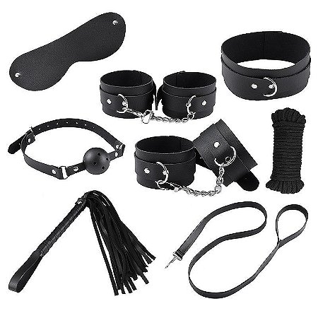 KIT BONDAGE - KIT SADO ERÓTICO EM COURO SINTÉTICO COM MORDAÇA, CORDA, COLEIRA, CHICOTE, VENDA, ALGEMAS E TORNOZELEIRAS