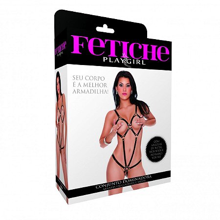 FETICHE PLAYGIRL - CONJUNTO DOMINADORA ARANHA EM COURVIN E METAL - TAMANHO G