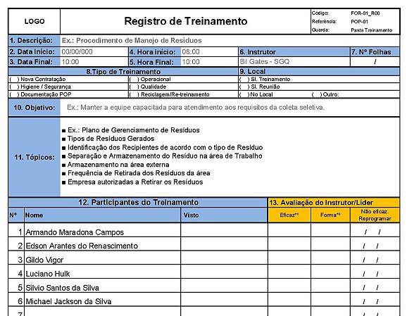 Registro de Treinamento - ISO Planilha