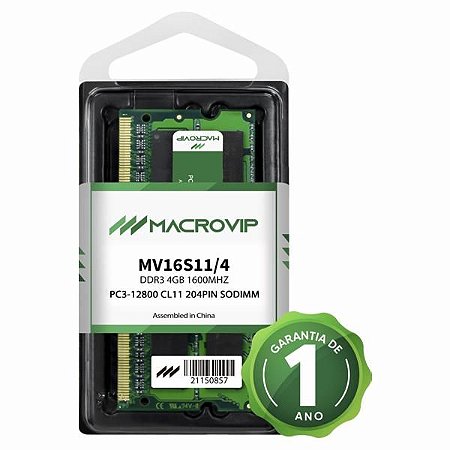 Memória para notebook 4GB DDR3 1600MHZ Macrovip MV16S11/4