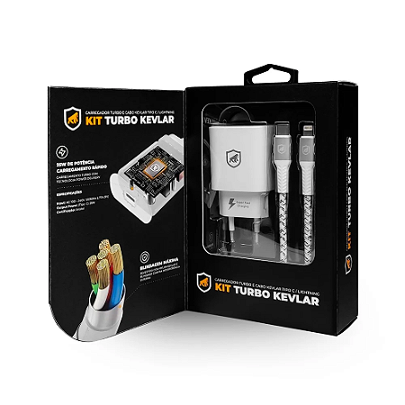 Kit Carregador Turbo 25W Tipo-C + Cabo Nylon Kevlar Branco Lightning/Tipo-C 1,5m - Gshield