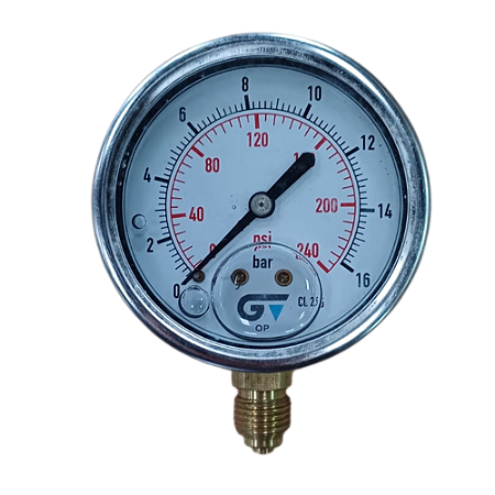 Manômetro Hidráulico Vertical DN 63 Inox 304 0~16 bar (0-240 PSI) 1/4" BSP Interno em latão c/ glicerina e c/ Flange