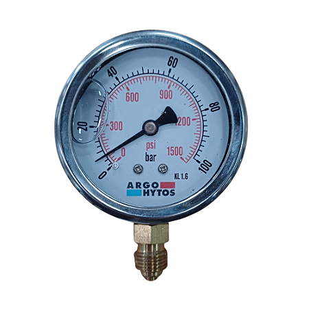 Manômetro Hidráulico Vertical DN 63 Inox 304 0~100 bar (0-1500 PSI) 1/4" BSP Interno em latão c/ glicerina