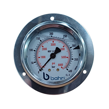Manômetro Hidráulico Horizontal DN 63 Inox 304 0~400 bar (0-5800 PSI) 1/4" BSP Interno em latão c/ glicerina e c/ Flange