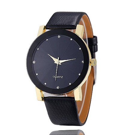 Relógio Luxo Dourado Feminino Casual Pulseira de Couro Sport Preto InTimes  - InTimes