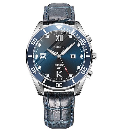 Relógio Masculino Luxo Korps 1554 Aviator Pulseira Couro Azul - InTimes