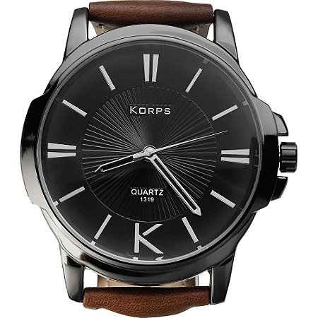 Relógio Masculino Luxo Korps 1319 Diamante Negro Pulseira Couro Marrom