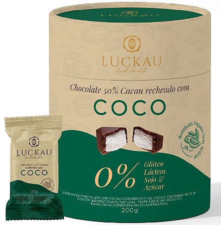 Bombom chocolate 50% cacau recheado com coco vegano Luckau 200g