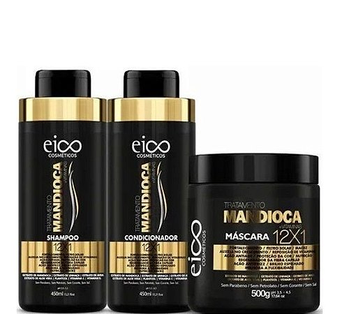 Eico Mandioca 12x1 Kit Shampoo Cond e Máscara 500g 3 Itens
