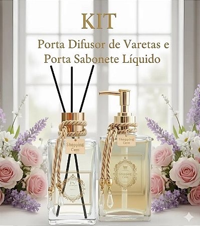 kit Porta Sabonte Líquido + Porta Aromatizador de Vidro 250ml - Linha Luxo