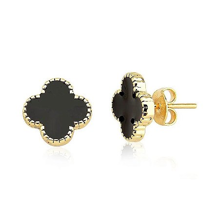 Brinco Trevo Preto Com Dourado ou Prateado Folheado Premium M Cours