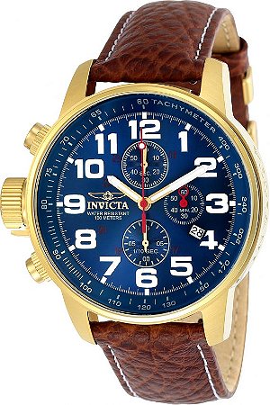 Relógio Invicta 3329 I-Force Mostrador Azul Banhado a Ouro 18k Pulseira em Couro Marrom Cronógrafo Destro
