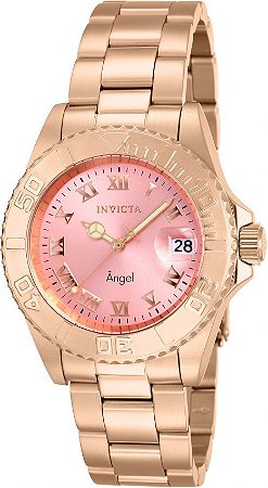 Relógio invicta Angel 14369 Feminino 40mm Banhado a Ouro Rosê 18k Mostrador Rosa Movimento Suíço