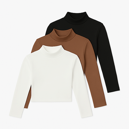 Kit Cápsula Essencial: 3 Blusas Malha Elastano Gola Alta - Tam. Unico