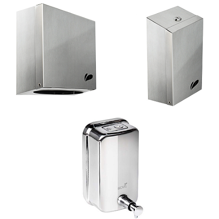 Toalheiro Quadra + Porta Papel Higiênico Cai Cai Quadra + Saboneteira 500 ML Inox Escovado Biovis