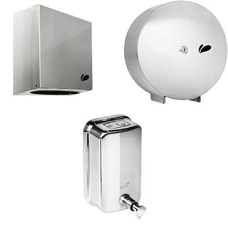Toalheiro Quadra Inox + Porta Papel Higiênico Rolão + Saboneteira 500 ML Inox Escovado Biovis