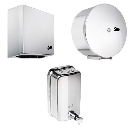 Toalheiro Inox Quadra + Porta Papel Higiênico Rolão Inox + Saboneteira 500 ML Inox Polido Biovis