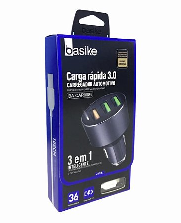 CARREGADOR AUTOMOTIVO 3 EM 1 36W V8 + 3 USB BASIKE BA CAR0084