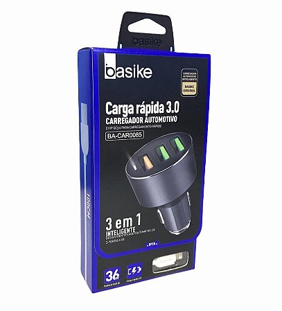 CARREGADOR AUTOMOTIVO 3 EM 1 36W LIGHTNING + 3 USB BASIKE BA CAR0085