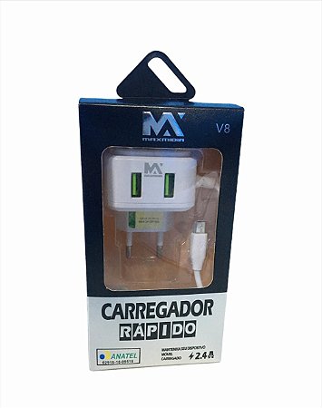CARREGADOR RAPIDO 2.4A MICRO USB V8 1M + 2 USB MAXMIDIA MAX-CAR112