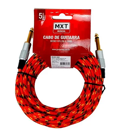 CABO DE GUITARRA NYLON VERMELHO DOURADO P10 MONO 5 METROS MXT