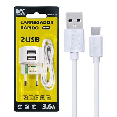 CARREGADOR RAPIDO 3.6A USB TYPE-C 1M MAXMIDIA MAX-CAR123