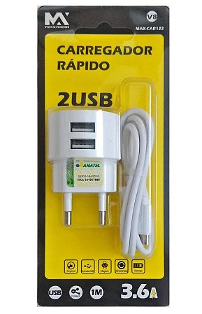 CARREGADOR RAPIDO 3.6A MICRO USB V8 1M MAXMIDIA MAX-CAR122