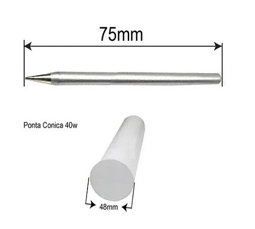 PONTEIRA CONICA PARA FERRO DE SOLDA 40W, 4.8X75MM, ML-108-P - EMBALAGEM COM 4 UNIDADES