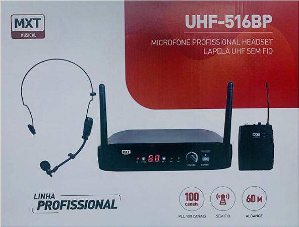 MICROFONE HEADSET/LAPELA SEM FIO UHF-516BP - PLL 100 CANAIS, FREQUENCIA: 512MHZ A 541,70MHZ