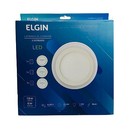 LUMINARIA LED DE SOBREPOR COM 3 ESTAGIOS 18+6W 6500K+6500K 48D186WSRB00 ELGIN