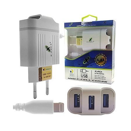 CARREGADOR ULTRA RAPIDO 4.1A 3 USB COM CABO LIGHTNING 1M X-CELL XC-IPH-UR.24