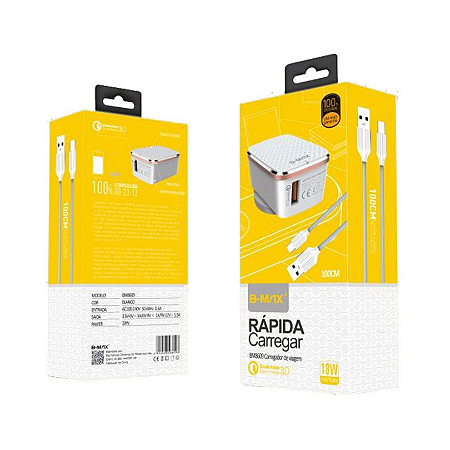 CARREGADOR DE VIAGEM 18W MICRO USB V8 B-MAX BM8607