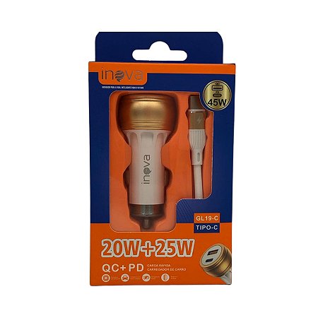 CARREGADOR VEICULAR 2 USB + CABO TIPO C 45W INOVA - GL19-C
