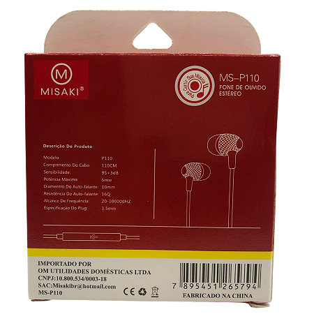 FONES DE OUVIDO C/ MICROFONE MS-P110  MISAKI