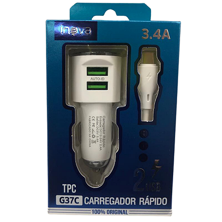CARREGADOR AUTOMOTIVO 2USB + CABO TYPE-C 3.4 INOVA   - G37C
