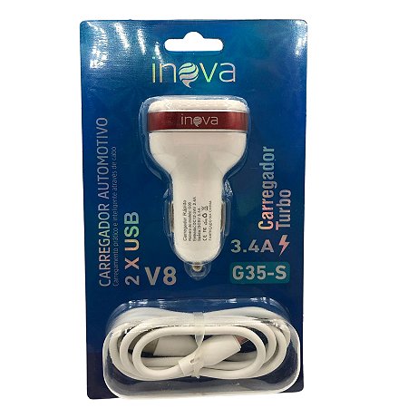 CARREGADOR AUTOMOTIVO 2 USB + CABO V8 3.4A INOVA - G35-S