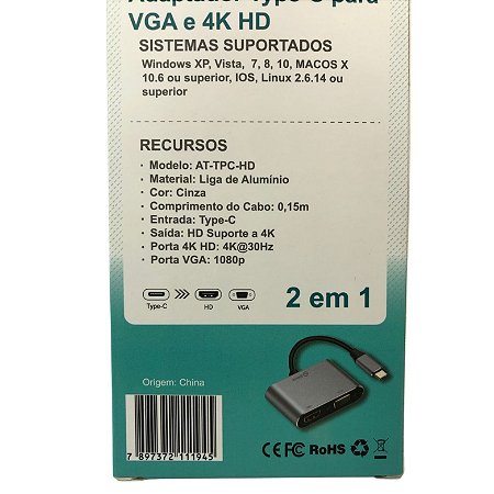 ADAPTADOR USB-C MACHO PARA HDMI/VGA FEMEA SHINKA - MOD. AT-TPC-HD-VGA