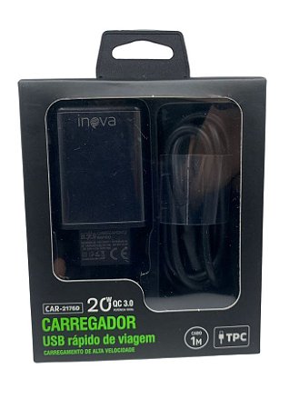 CARREGADOR USB RAPIDO DE VIAGEM TIPO-C 20W 1M - INOVA- CAR-2176D