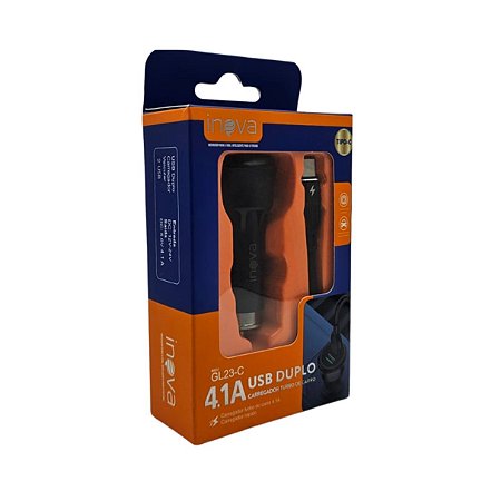 CARREGADOR VEICULAR 4,1A 2 USB + CABO DE 1M USB-C INOVA GL23-C