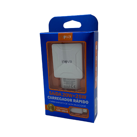 CARREGADOR RAPIDO 20W 1 USB + 25W 1 UBC-C COM CABO V8 MICRO USB INOVA CAR-3261S@