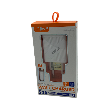 CARREGADOR RAPIDO 5.1 3 USB COM CABO V8 MICRO USB INOVA CAR-3250S@