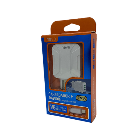 CARREGADOR RAPIDO 5.1 3 USB COM CABO V8 MICRO USB INOVA CAR-3259S @