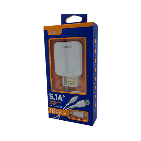 CARREGADOR RAPIDO 5.1A COM 3 USB + CABO USB PARA LIGHTNING IPH INOVA CAR-3257A @