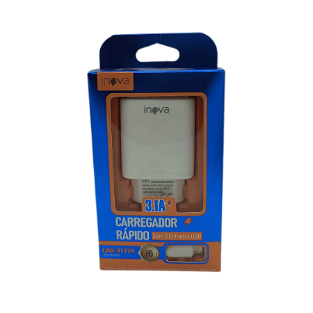 CARREGADOR RAPIDO 3.1A COM 2 USB + CABO USB PARA LIGHTNING IPH INOVA CAR-3117A @