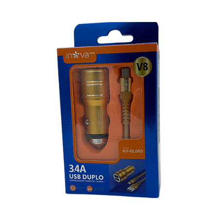 CARREGADOR VEICULAR 3.4 A 2 USB + CABO USB V8 MICRO USB INOVA KV-GL08S @