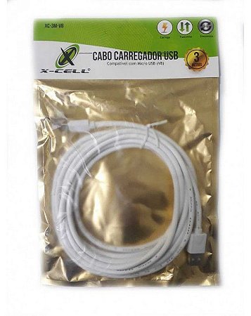 CABO CARREGADOR USB V8 3 METROS X-CELL XC-3M-V8